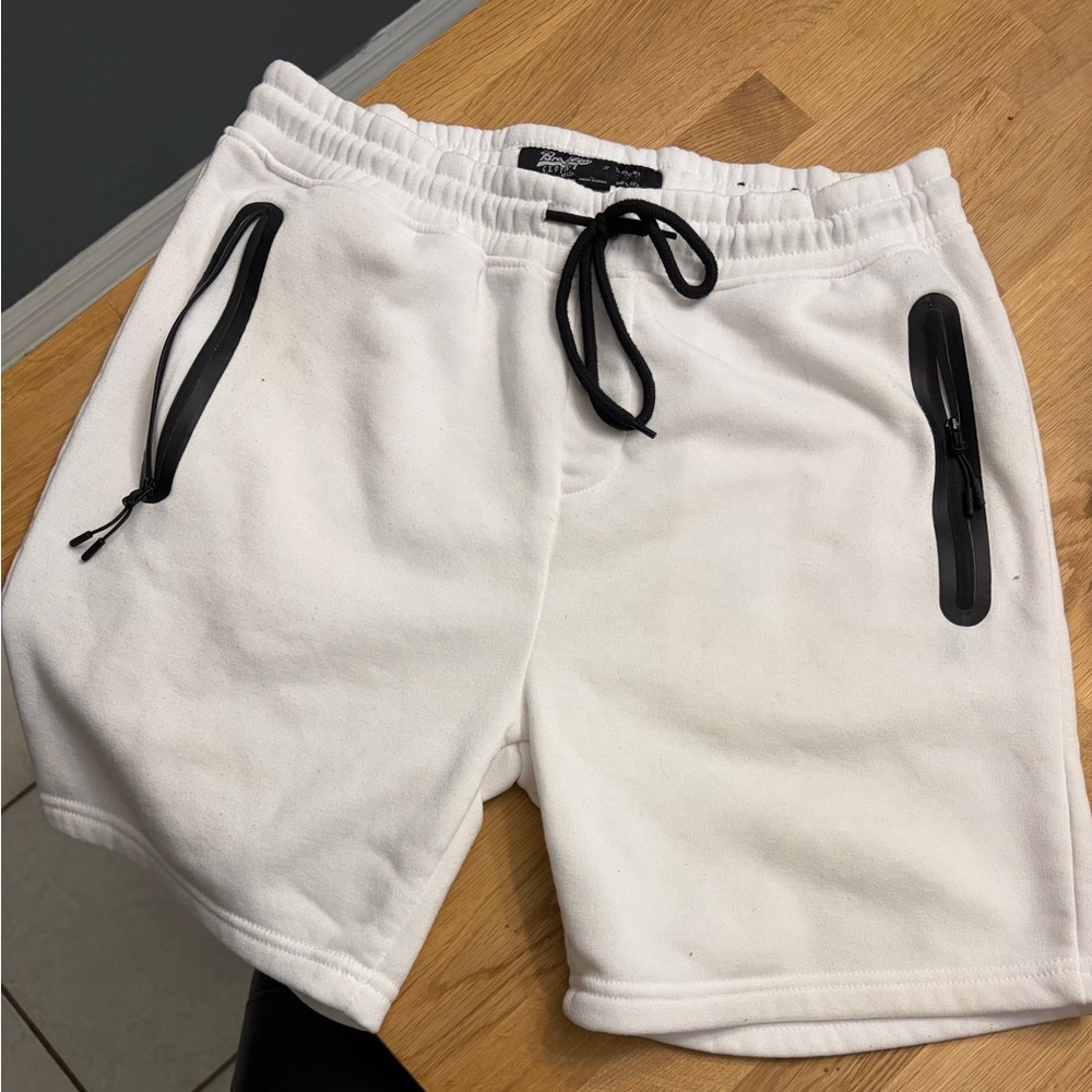 White Men's Fleece Drawstring Shorts with Zipper Pockets